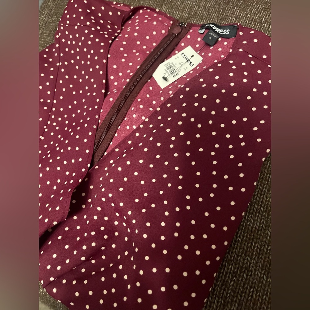 Express Maroon Blouse with Cream Dots - Picture 2 of 11